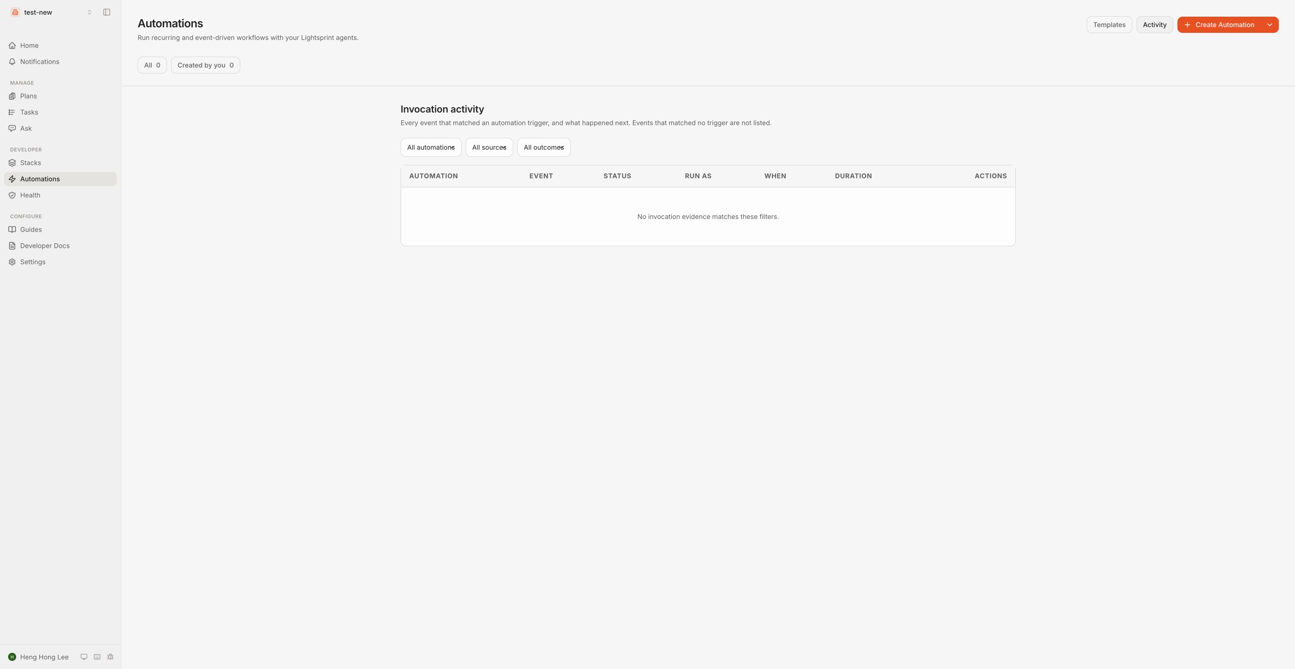 Lightsprint Automations activity view with an empty activity state.