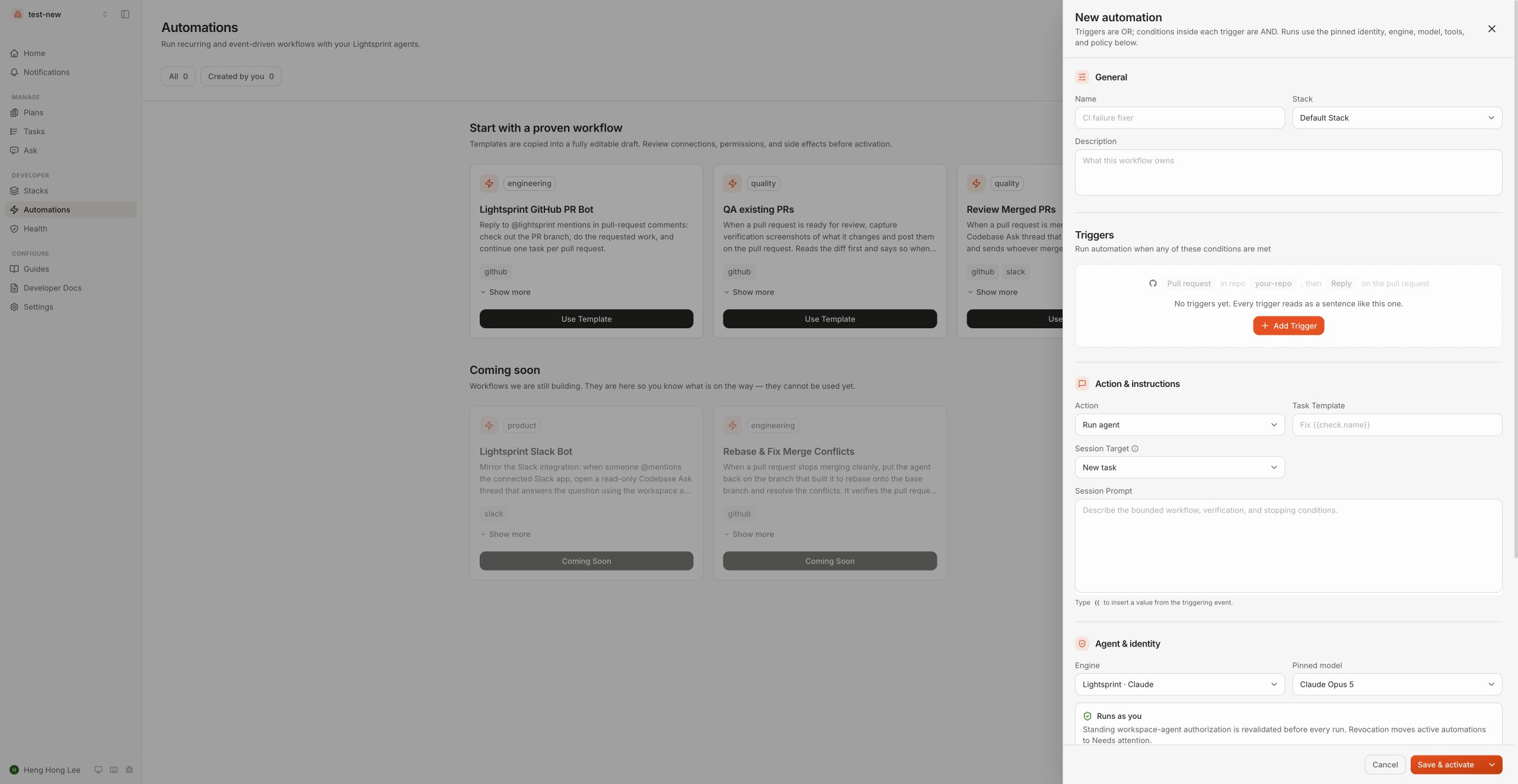 Lightsprint automation editor showing the configuration surface for a new unsaved automation.