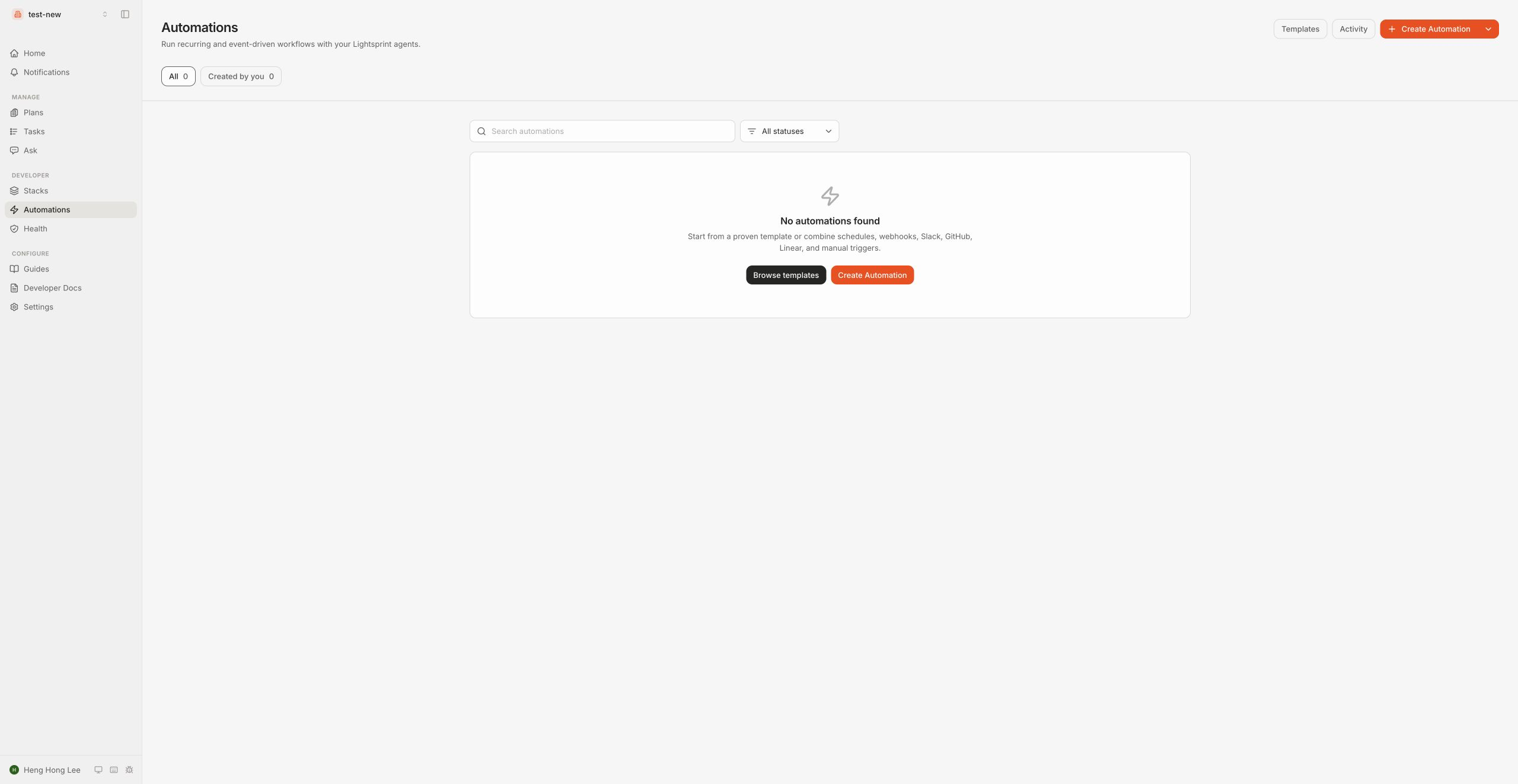 Lightsprint Automations overview with an empty workspace state and a control to create an automation.