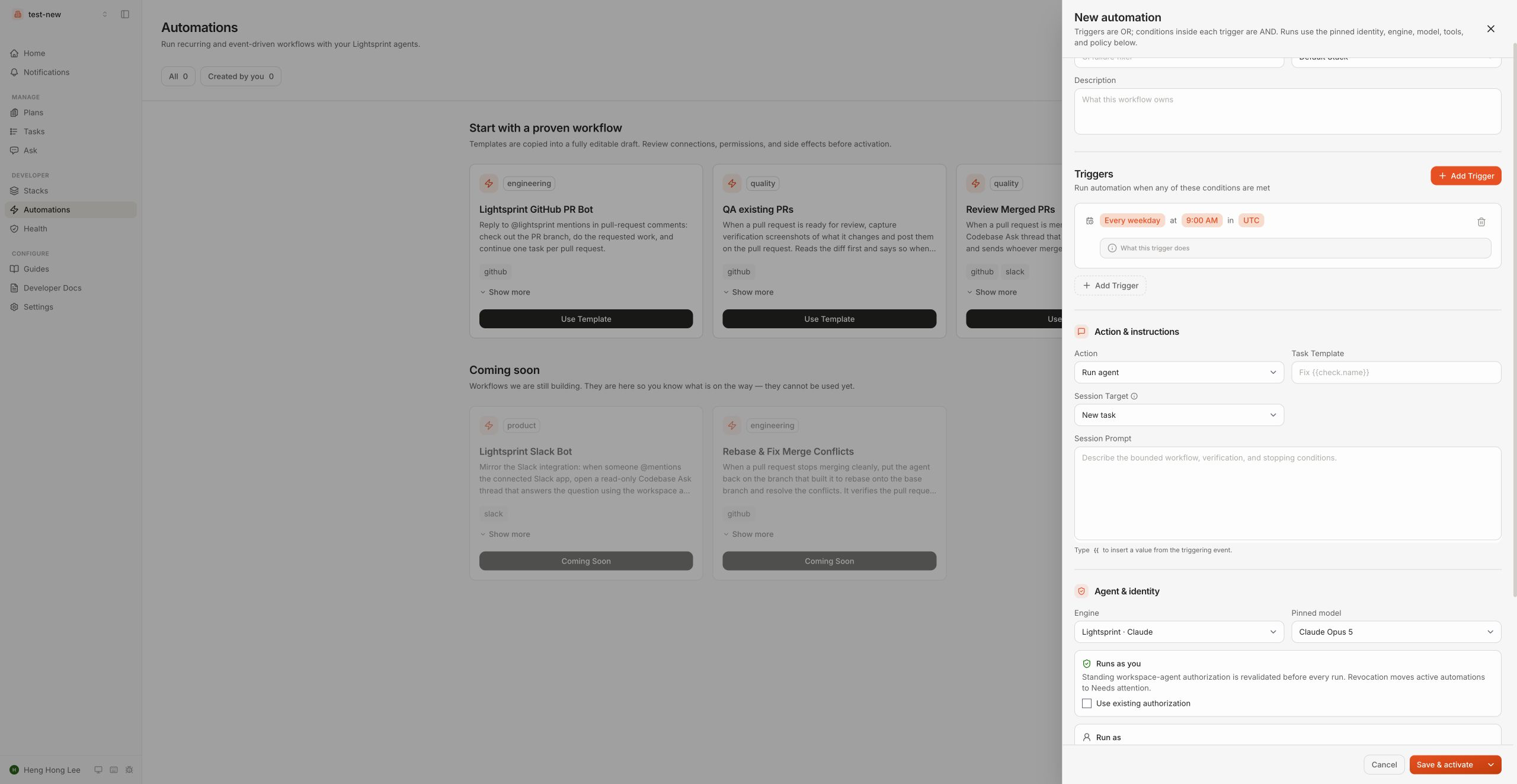 Lightsprint automation editor showing schedule trigger details for an unsaved automation.