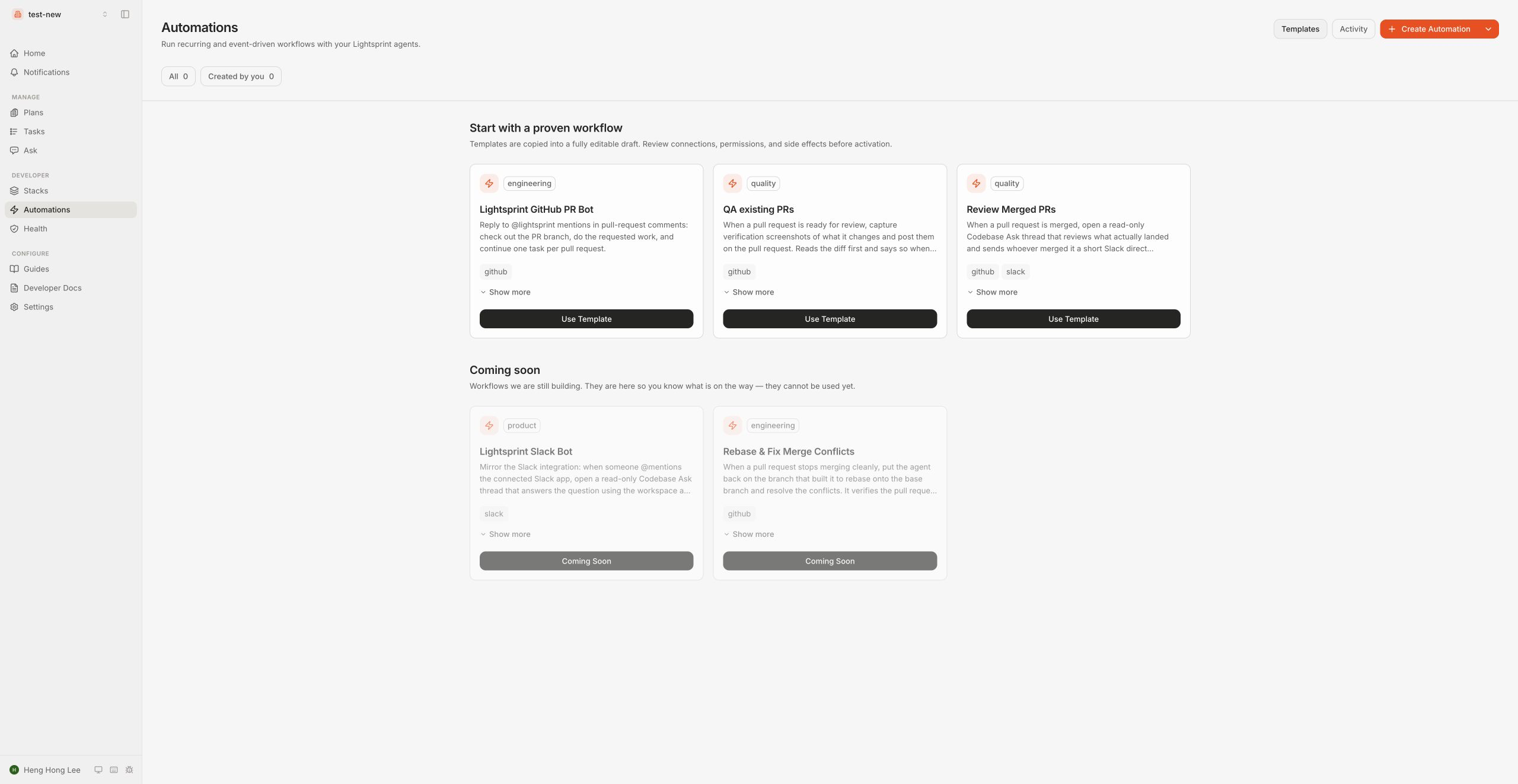 Lightsprint Automations template picker with options for starting from a template or from scratch.