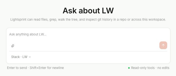 Lightsprint Codebase Ask prompt for read-only investigation across a Stack.