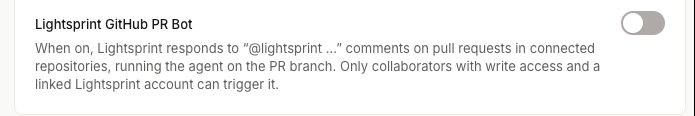 Lightsprint settings showing the GitHub PR Bot automation and its pull-request comment workflow.