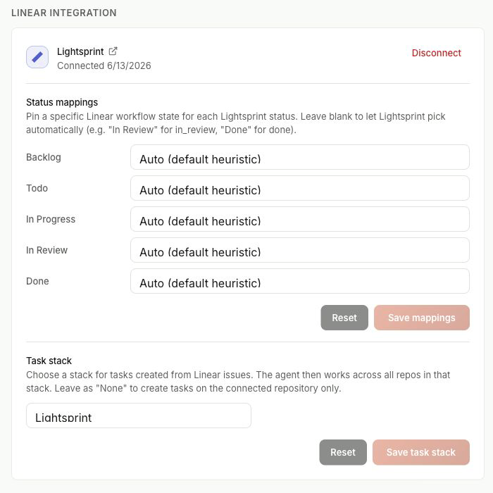 Lightsprint Linear integration settings with workflow-status and task-Stack mappings.