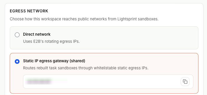Lightsprint Egress Network settings with direct networking and shared static-IP gateway options.