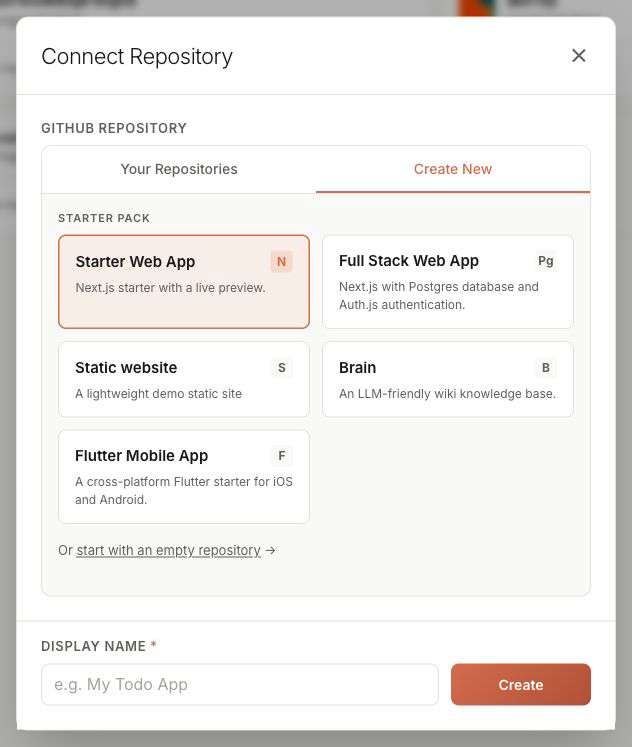 Lightsprint managed repository picker with web, full-stack, static site, Brain, Flutter, and empty starters.