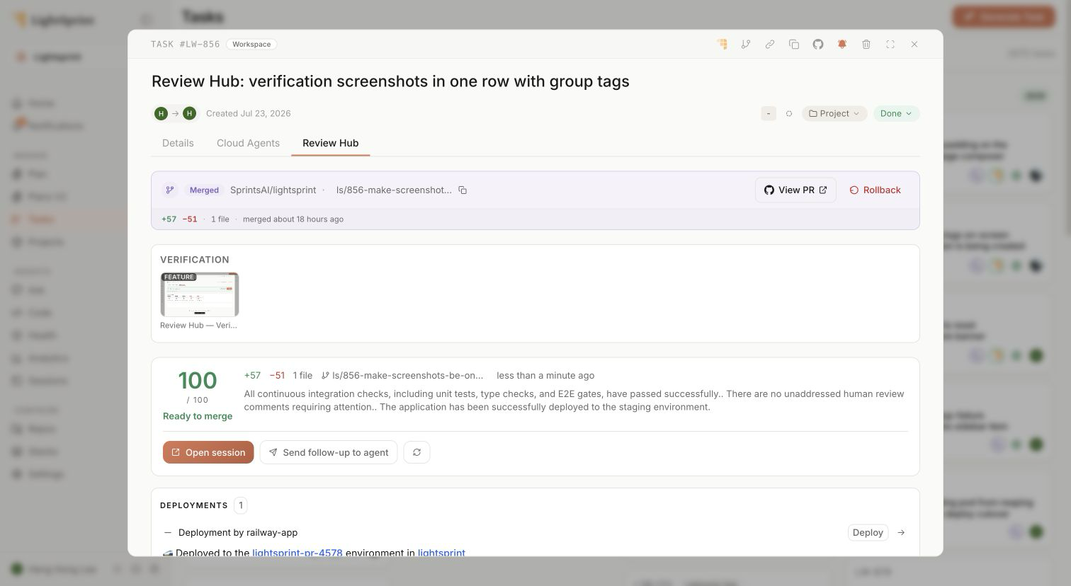 Lightsprint Review Hub showing screenshot verification alongside pull-request and readiness context.