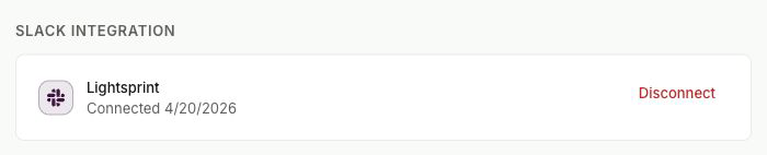 Lightsprint settings showing an active Slack integration.